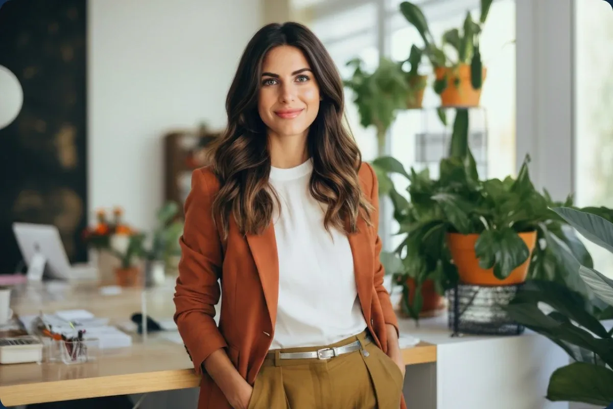 An Iberia Workforce specialist standing at her desk in a plant-filled office
