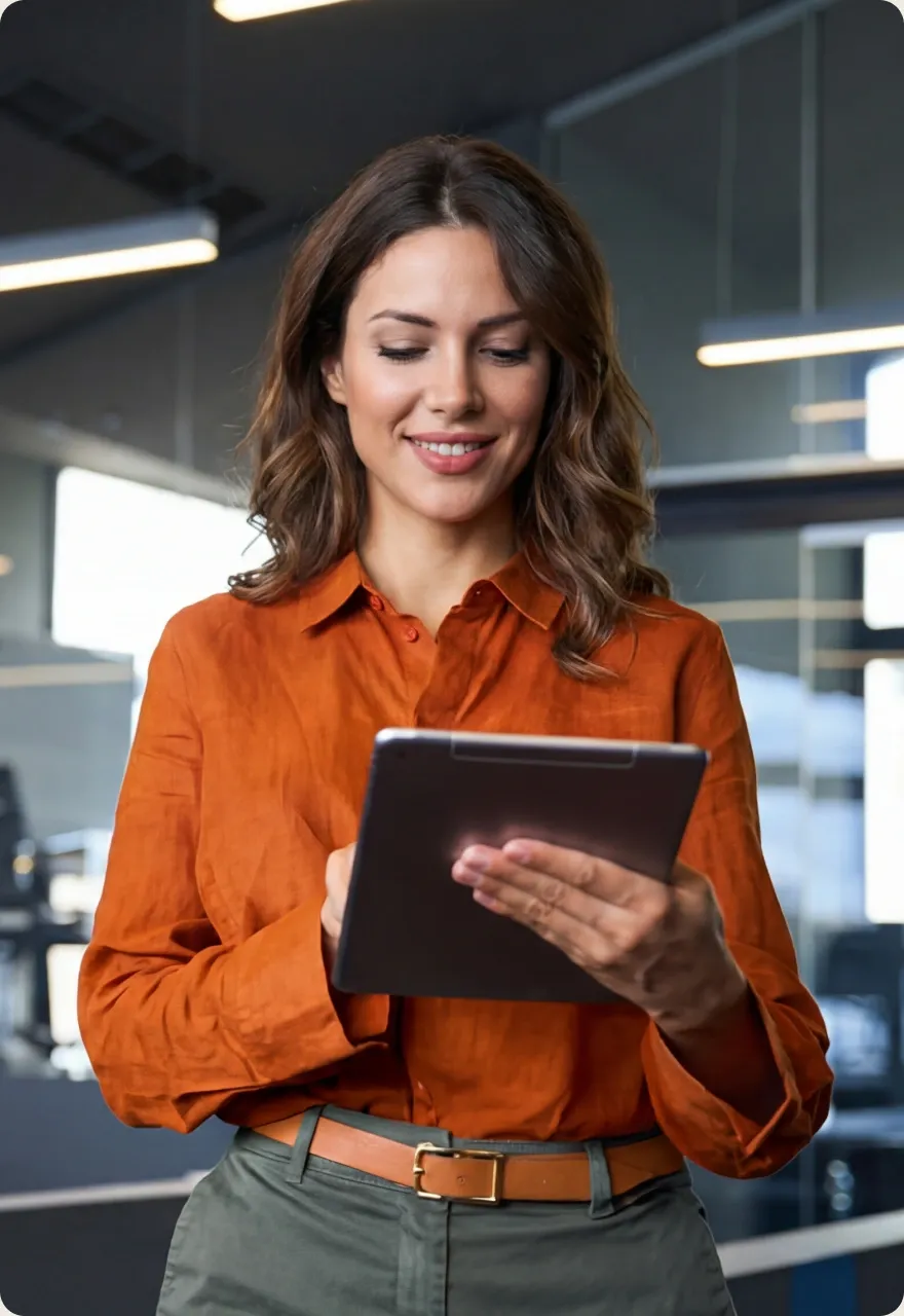 A woman reading a tablet in a modern office