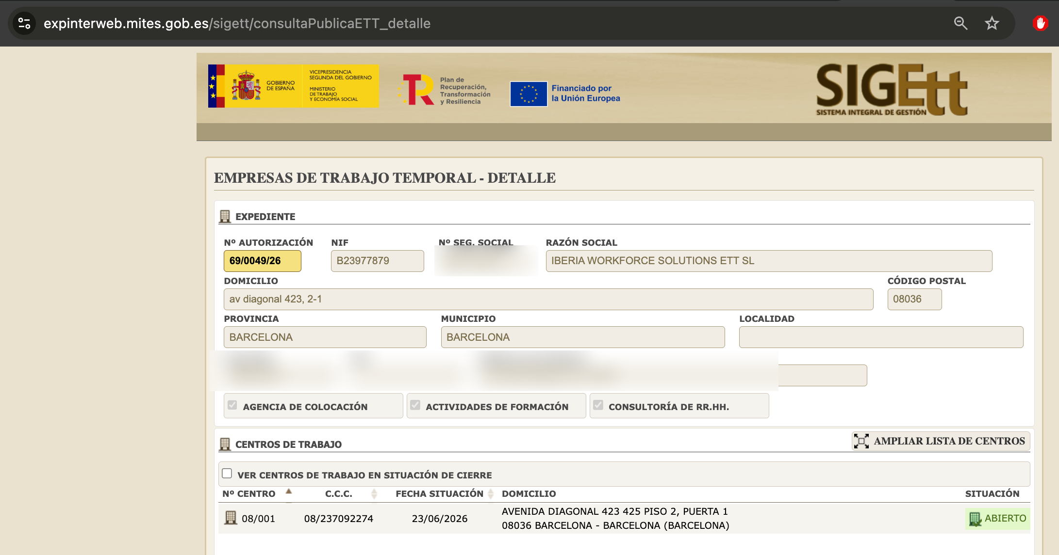 Iberia Workforce Solutions ETT SL listed in the Spanish Ministry of Labour ETT registry (SIGETT)